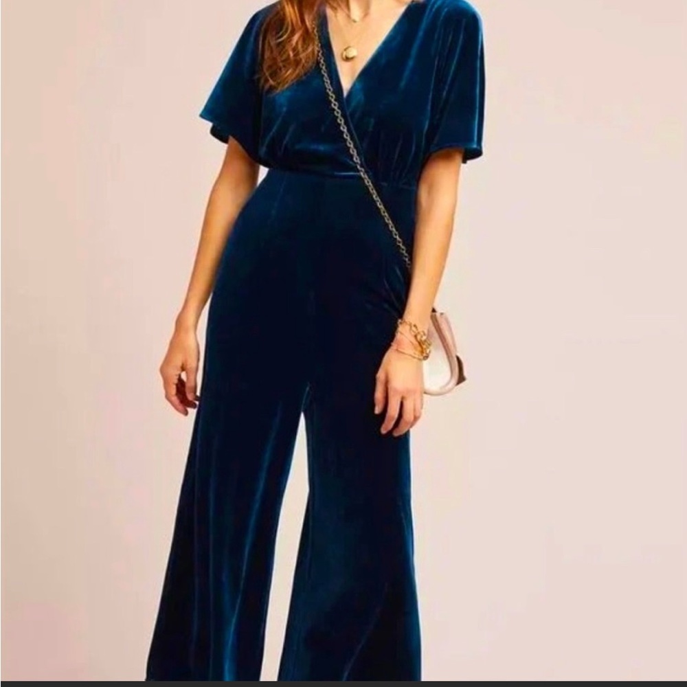 Blue Greylin velvet jumpsuit from Anthropologie